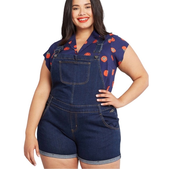 MODCLOTH Blue Dark Wash Bib Overall Jeans Shorts 1X - Picture 1 of 8